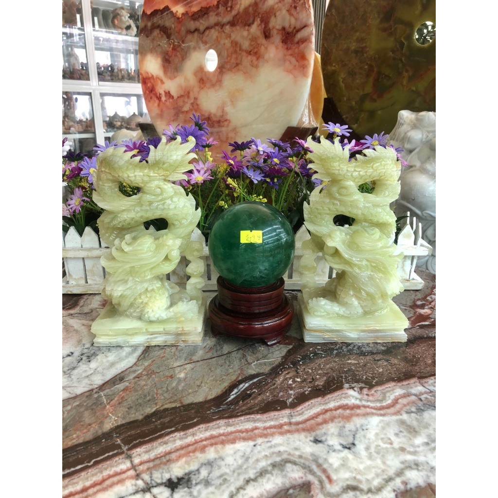 Bộ combo Cặp Rồng đứng đá ngọc Onyx và Quả cầu phong thủy đá thạch anh xanh