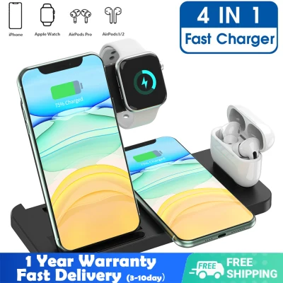 15W Qi Wireless Charger 4 in 1 Fast Charging Station for Apple Watch 6 5 4 3 2 iPhone 12 11 XS XR X 8, Samsung, HUAWEI, Airpods Pro Stand Pad