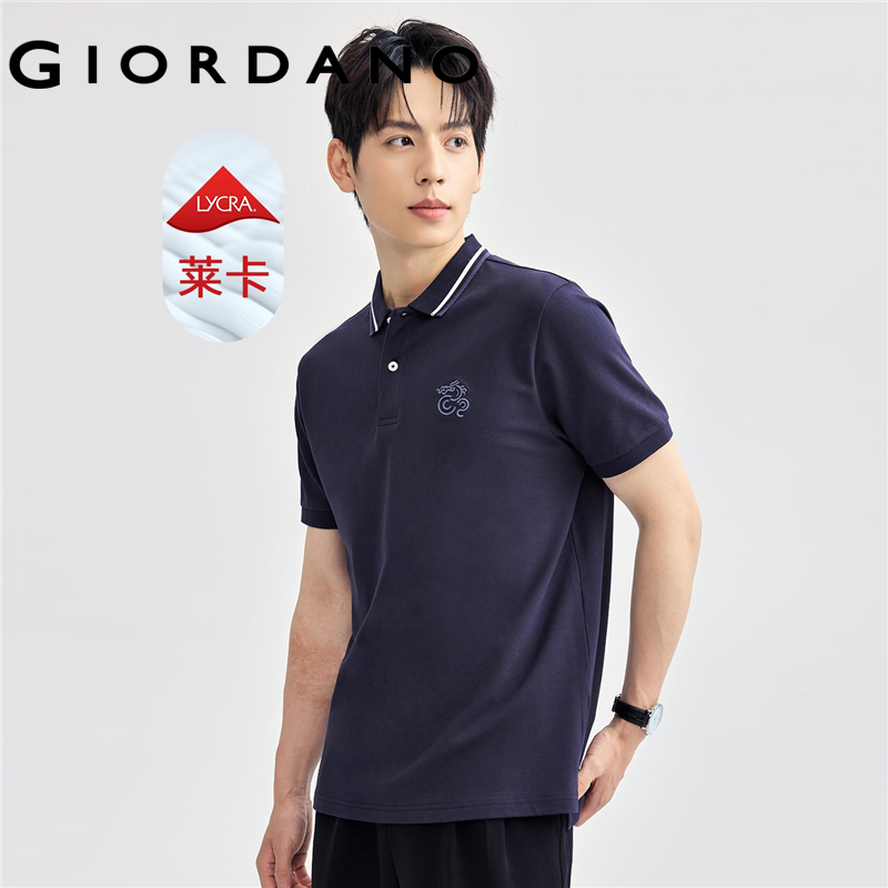 GIORDANO Áo polo nam vải pique cotton co giãn tốt tay ngắn thêu hình sư tử 3D thời trang 01011422