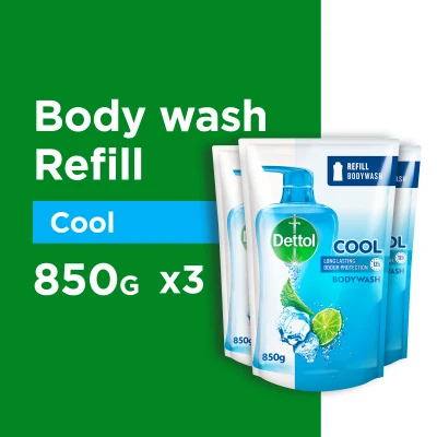 [Bundle of 3] Dettol Body Wash Icy cool freshness Refill Pouch 850g