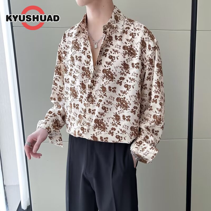 KYUSHUAD Ice silk floral shirt Hawaiian shirt fashionable and high-end shirt men's long sleeve shirt ราคา 274 บาท*ส่งฟรี