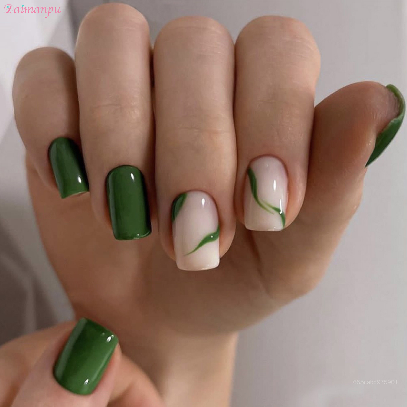 Daimanpu màu xanh lá cây &amp; trắng vuông Móng Giả tăng cường có thể tháo rời Miếng dán móng tay cho nữ nhà Nail Salon DBS-MY