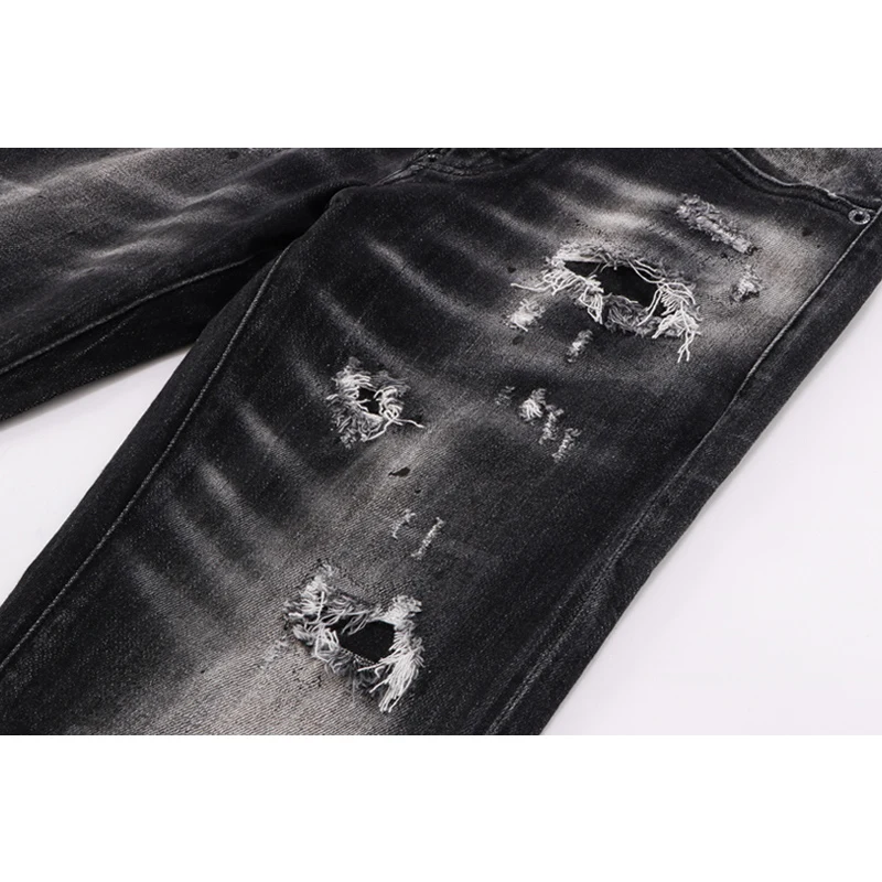 【A Popular】  Street Fashion Men Jeans Retro Black Gray Elastic Stretch Slim Fit Hole Ripped Jeans Men Patched Designer Hip Hop Brand Pants