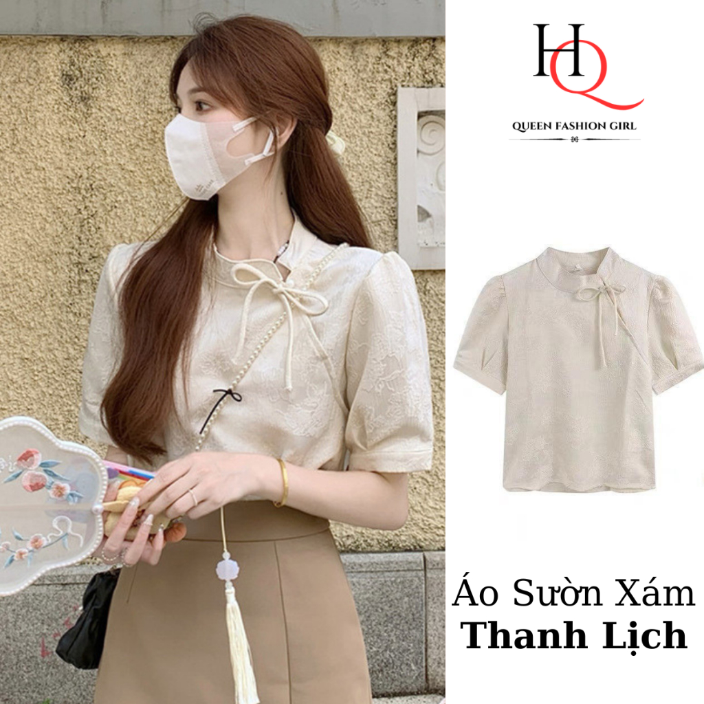 Áo sườn xám nữ thiết kế nhẹ nhàng nữ tính phong cách trung hoa, Áo sơ mi nữ cổ tàu, cúc ngọc trai cài nơ HQ14