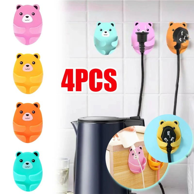 4 cái Gấu cắm lưu trữ móc tường tổ chức khung ổ cắm giá đi dây sáng tạo nhà bếp phòng tắm tự dính lưu trữ móc áo