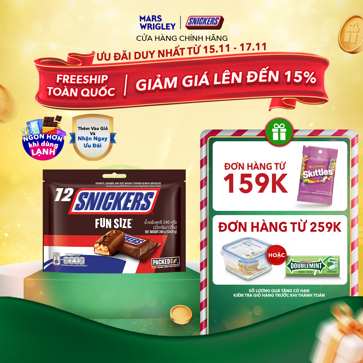 Kẹo Socola Snickers Funsize túi 240g (12 thanh)