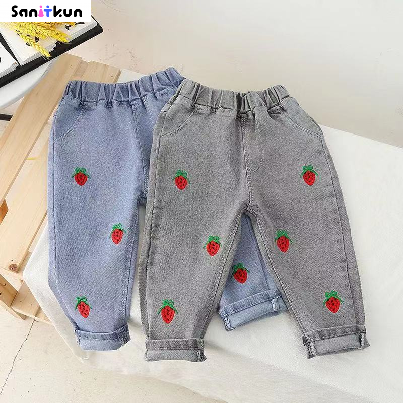 Quần jean bé gái mùa xuân và mùa thu phong cách Hàn Quốc mới phong cách phương Tây bé gái mùa xuân và mùa thu quần màu xám khói đồ mặc ngoài rộng
