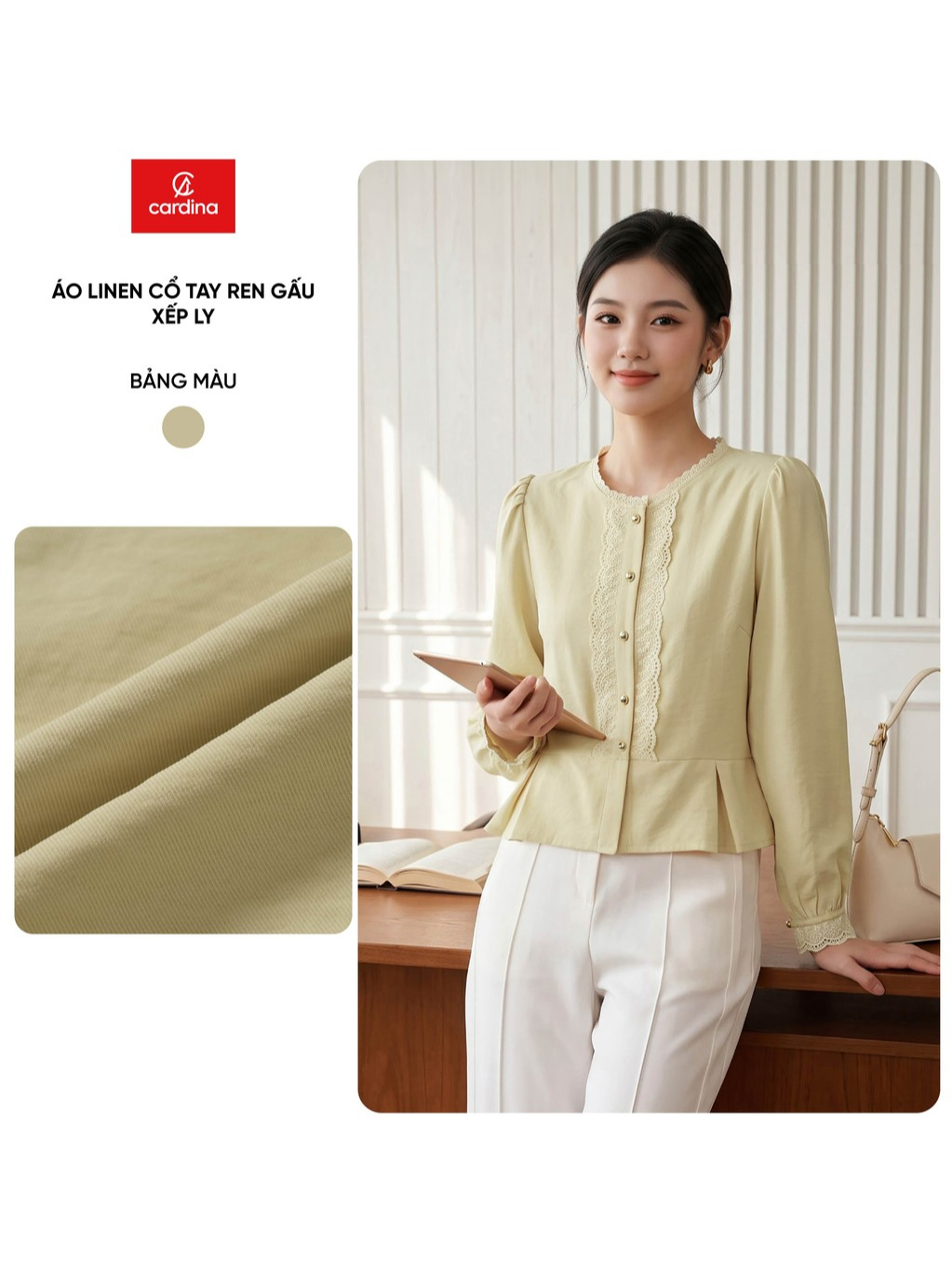 Áo sơ mi nữ CARDINA chất liệu linen dài tay cổ tròn phối ren xếp lý 6ASD03