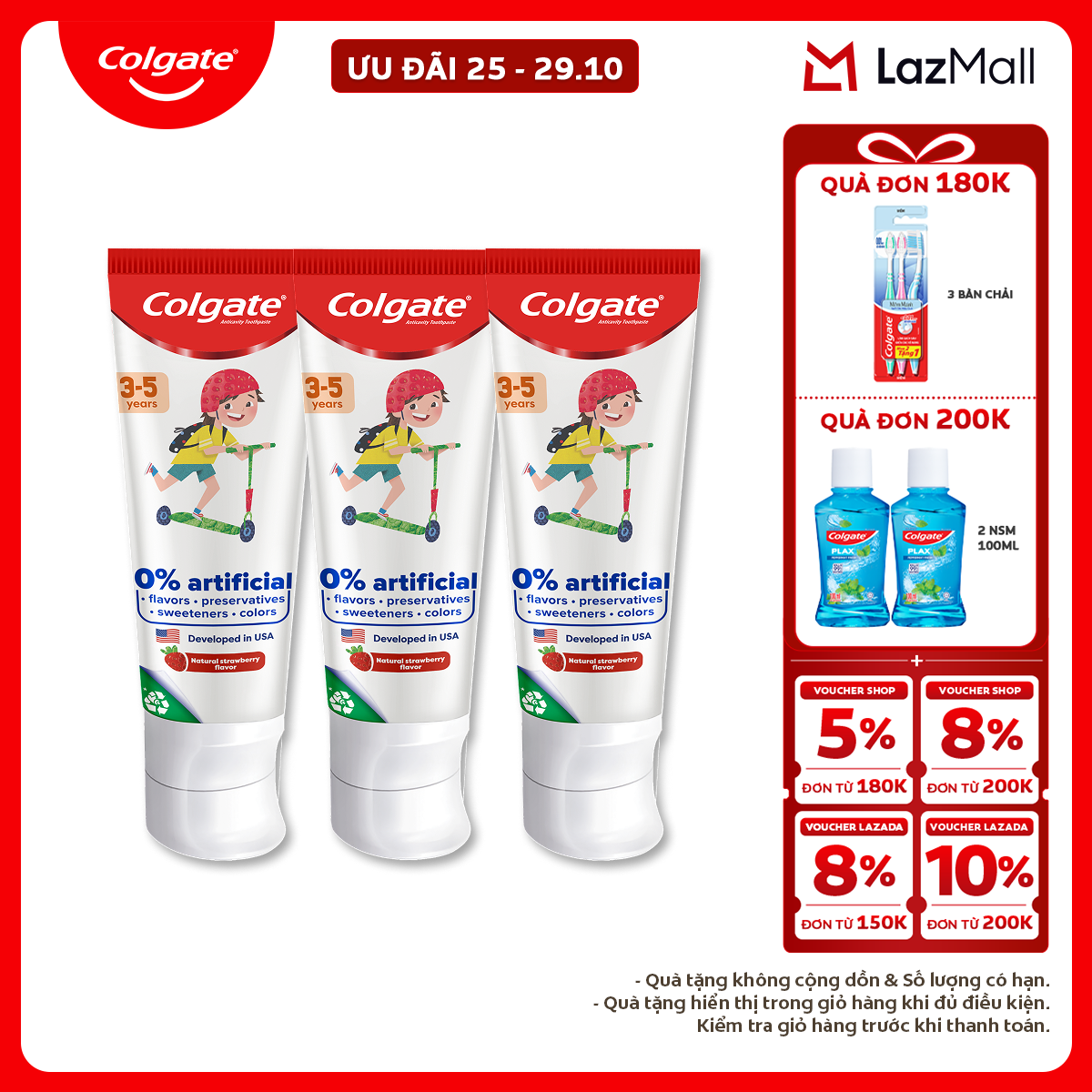 Bộ 3 Kem đánh răng Colgate Kid Free From cho trẻ em 3-5 tuổi không hương liệu và chất bảo quản 80g/tuýp