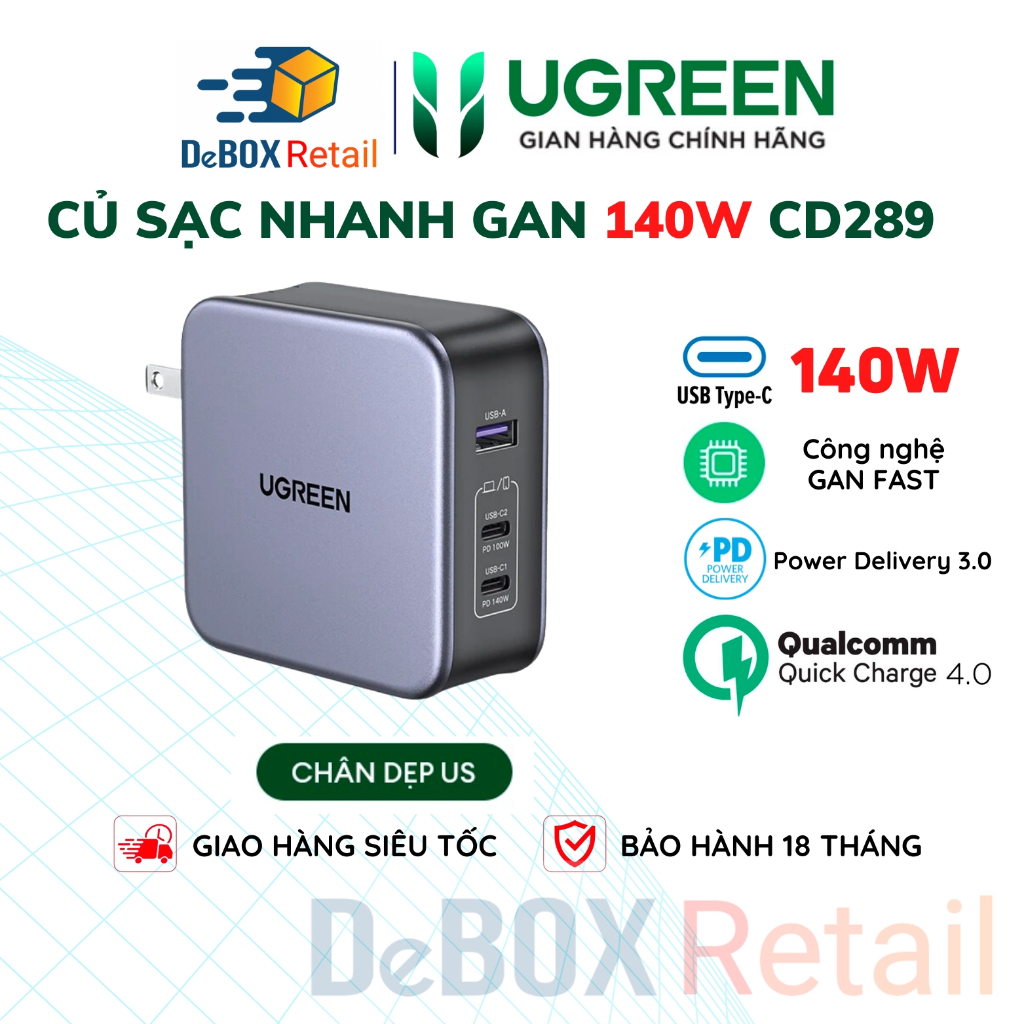 Củ sạc siêu nhanh cho máy tính/ điện thoại UGREEN 140W CD289 Nexode|GaN|3 cổng USB PD 3.1 QC 4.0 3.0|BH 18 tháng 1 đổi 1