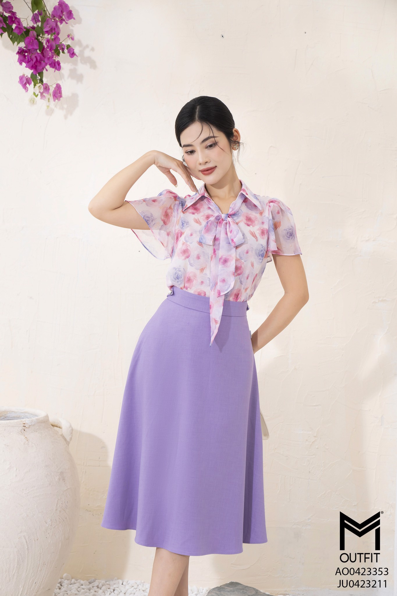 Áo sơ mi cộc tay, cổ đức buộc nơ - Mmoutfit