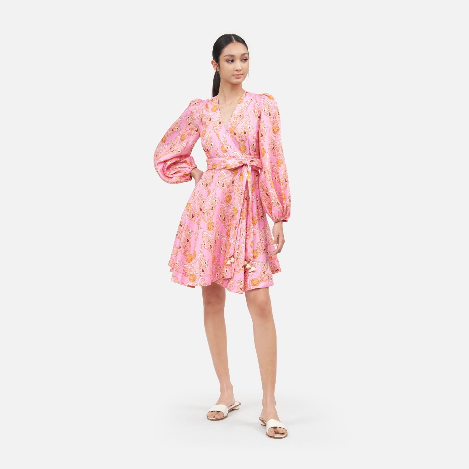 Ikat Paisley Linen Belted Wrap Midi Dress - Pink ราคา 2,070 บาท*ส่งฟรี