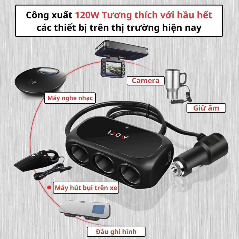 Bộ Chia Tẩu Sạc Ô Tô 3 Tẩu 2 Cổng Nhanh, Đèn Led Thông Báo Giá 105,000 Đồng*Miễn phí vận chuyển