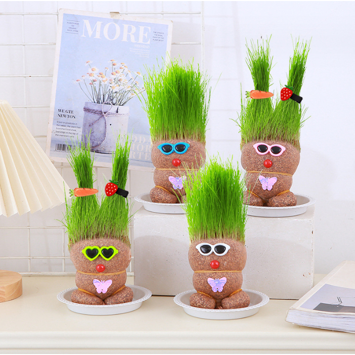 Búp bê đầu cỏ mọc tóc mini dễ thương trồng cây cỏ trang bàn làm việc, quà tặng đồ chơi cho bé