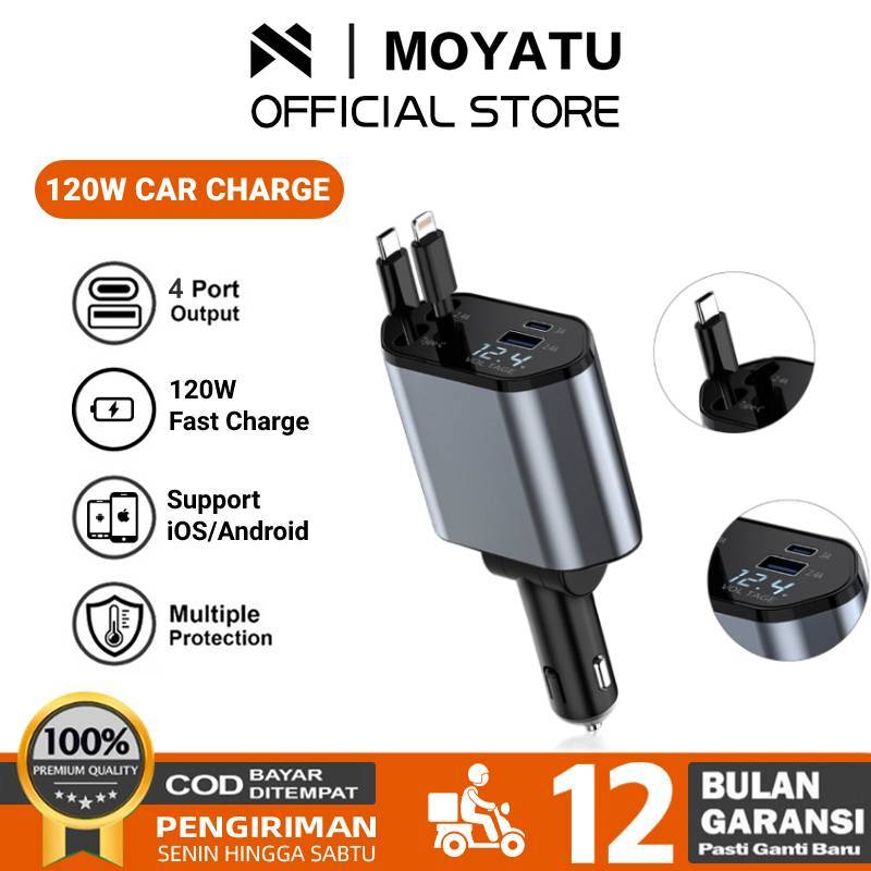 Moyatu Car Charger 120W Car Super Fast Charging Flash Charger, Car Charger Telescopic Cable 4 in 1 USB Port Adapter 2 Compatible - Jenama Moyatu Harga 146,300 Ringgit*Penghantaran Percuma