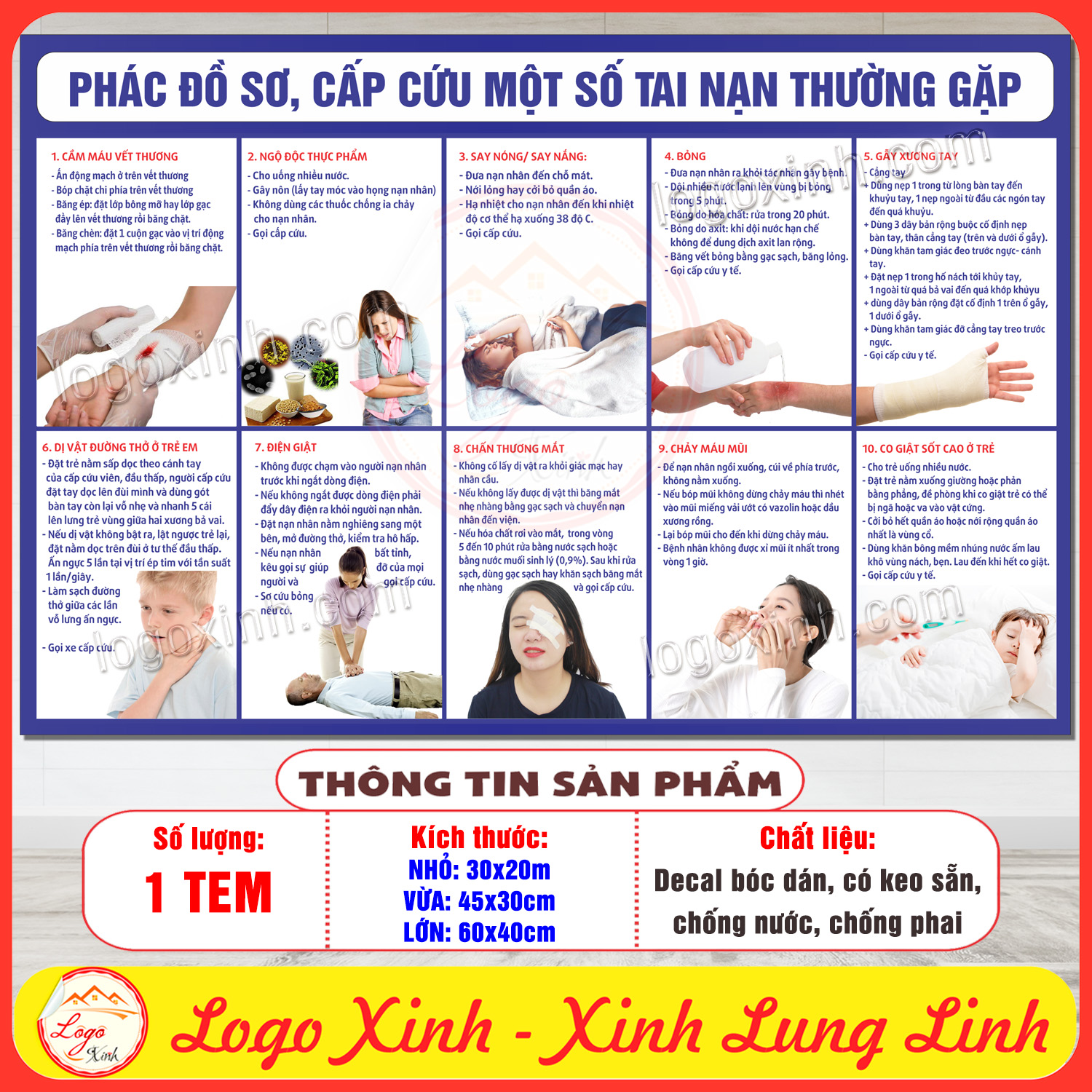 Decal dán bảng phác đồ sơ cấp cứu áp dụng cho một số tai nạn thường gặp,decan chống nước dán kính dán tường, tranh y tế