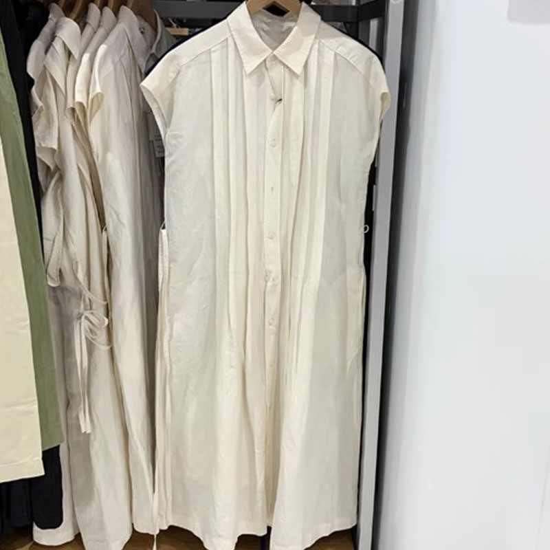 Uniqlo mywood U Family 2024 mùa hè vải lanh và cotton pha trộn Áo sơ mi Đầm tay ngắn ren váy dài xếp