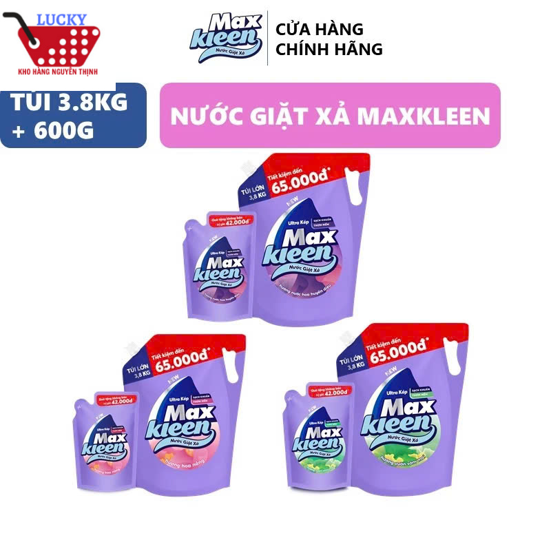 Nước giặt xả 2 in 1 maxkleen 3,8kg/túi tặng kèm túi 600g