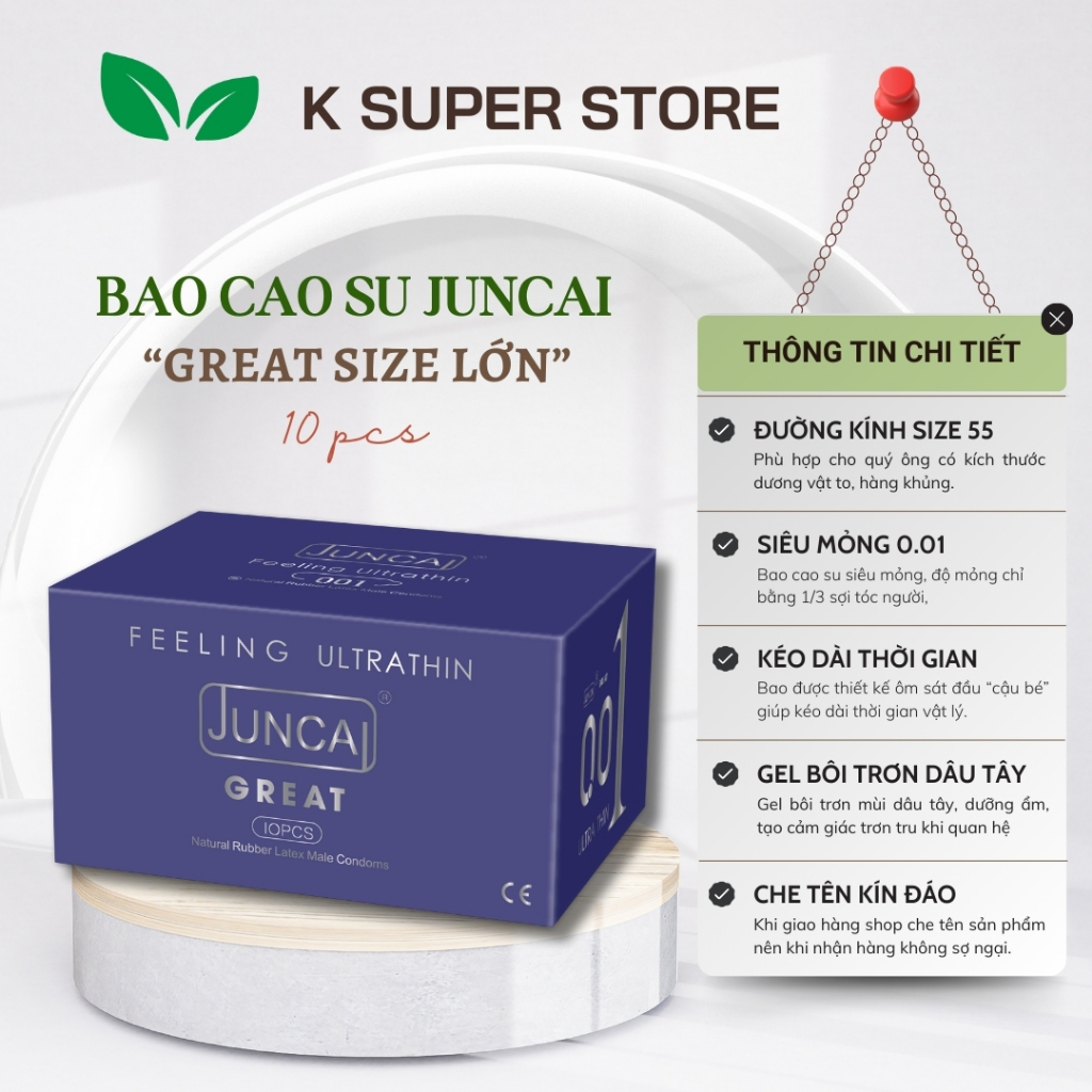 Bao cao su size to 55mm Siêu mỏng Juncai 001 Great Hương dâu tây Nhiều gel Kéo dài thời gian, Hộp 10 BCS