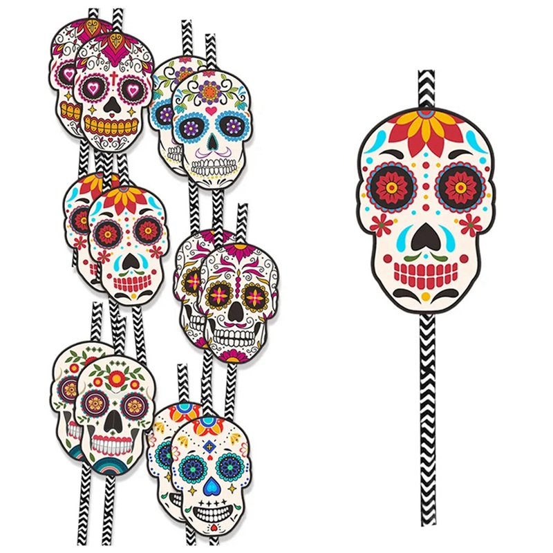 [Waanon]Halloween for Day of the Dead Party Supplies, 24PCS Paper Straws Sugar Skull Charms Striped Design for Beverages Drinking