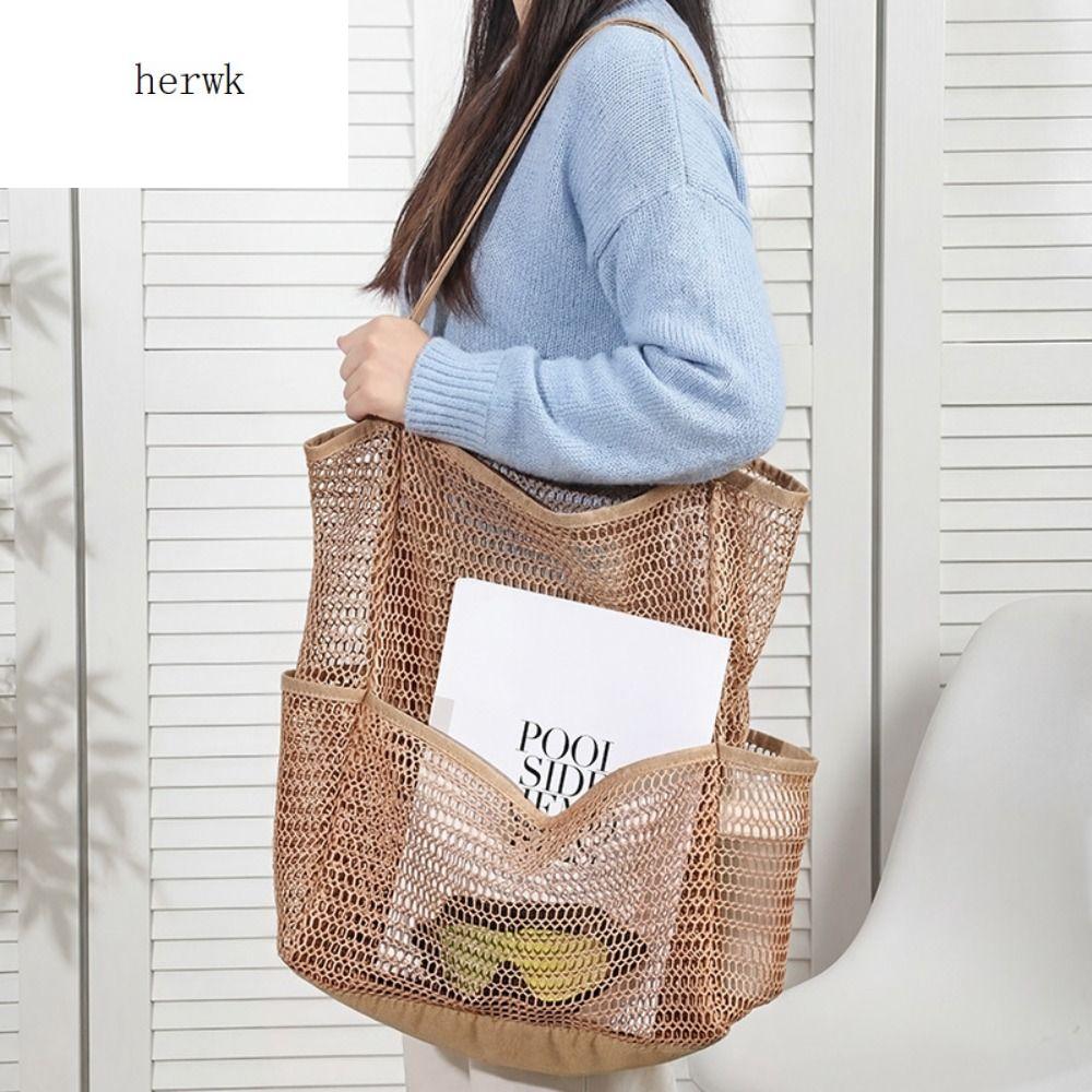 HERWK Nylon Túi lưới đi biển Khoét rỗng Dung lượng lớn Túi xách lưới Màu đơn sắc Thoáng khí Túi bơi Đàn ông