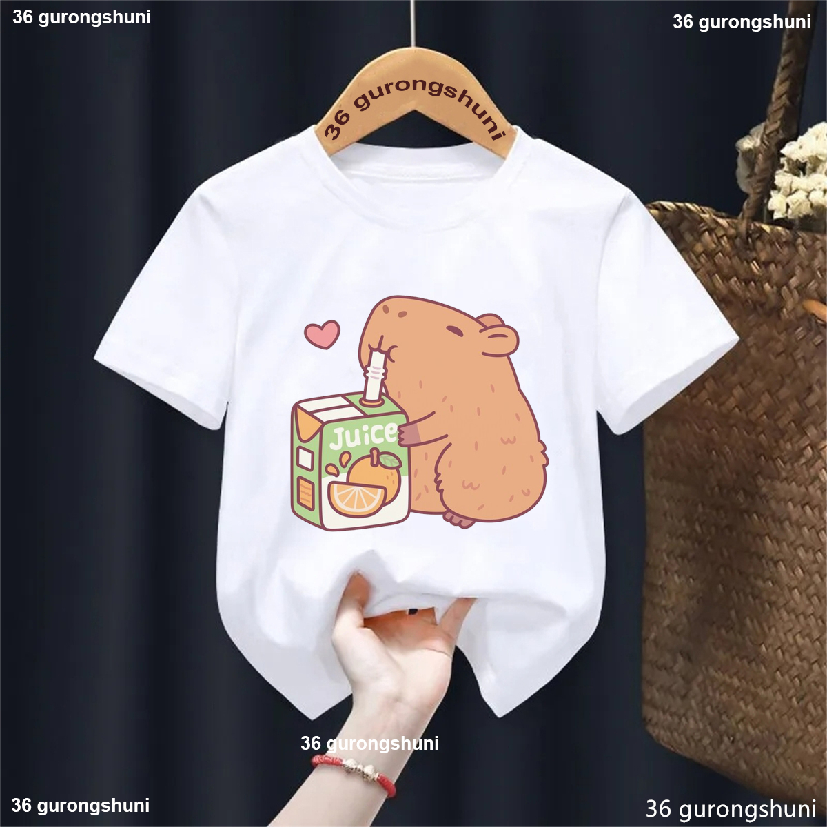 Cute Capybara Loves Orange Juice Printed T Shirt Girls/Boys Kawaii Kids Clothes Funny Solid Tshirt Summer Tops Fashion T-Shirt