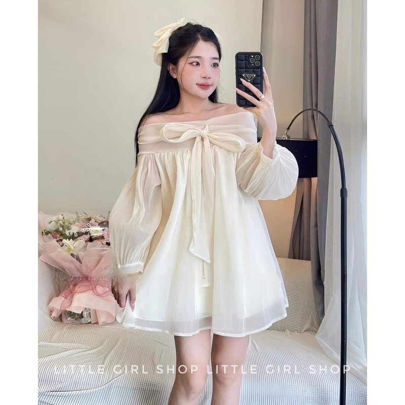 Đầm Babydoll Trễ Vai đính Nơ Tay Bồng Chất Voan Tơ 2 Lớp Nâu Trắng Hồng, Váy Công Chúa Hở Vai đi Chơi Dự Tiệc Tiểu Thư phong cách hàn quốc EYE SHOP