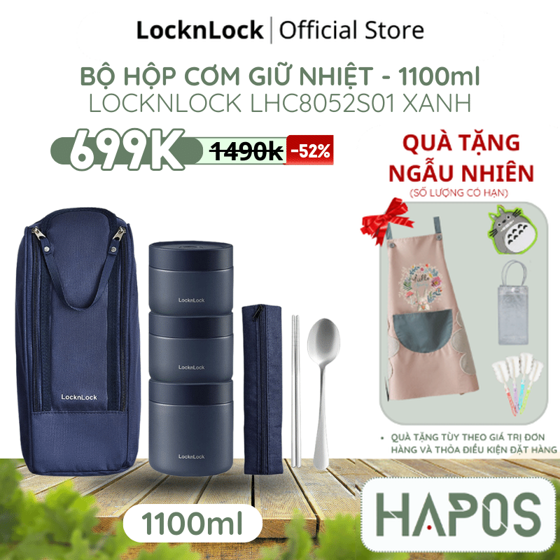 Bộ 3 hộp cơm giữ nhiệt locknlock lhc8052s01 1.1l kèm túi và muỗng đũa giữ nhiệt lâu - hapos official