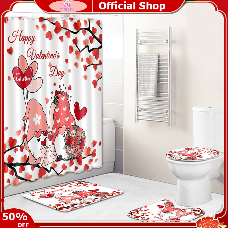 TEQIN toy new 4 Pcs Valentine's Day Shower Curtain Sets With Rug, Toilet Lid, Non-Slip Rug, 6 Hooks Red Love Heart Bathroom Set For Valentine's Day Bathroom ราคา 499 บาท*ส่งฟรี