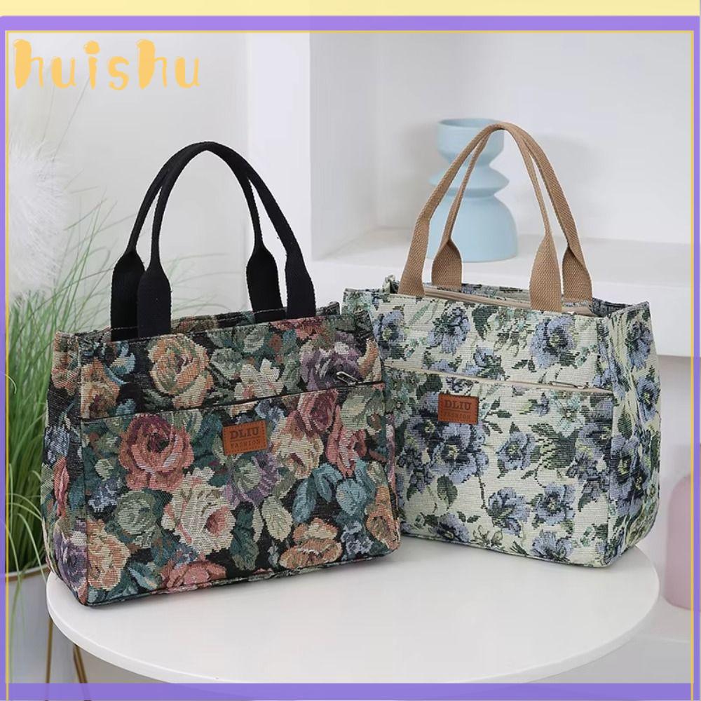 HUISHU Vải bố Túi tote nữ Dày In hoa Túi xách dệt hoa Thường ngày Sức chứa lớn Túi đựng đồ ăn trưa