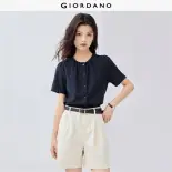 GIORDANO Nữ Áo cánh 100% Cotton Jacquard Áo cánh xếp ly cổ tròn tay ngắn mùa hè thời trang đơn giản thường ngày 05345477