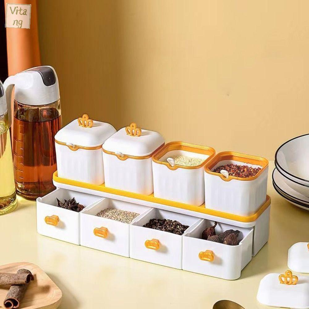 VITANG Lớp đôi Bộ lọ gia vị với thìa 8 ô lưới Hộp đựng gia vị Dụng cụ nhà bếp Dung lượng lớn Hộp gia vị Muối