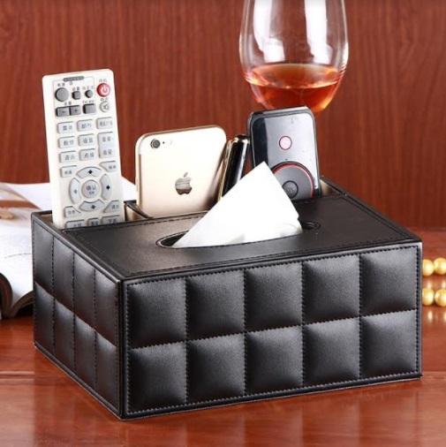 Black TV Remote Leather Desktop Tissue Organizer - 1 sets
