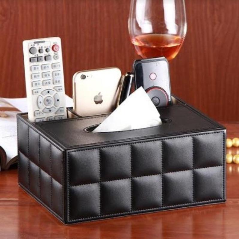 Black TV Remote Leather Desktop Tissue Organizer - 1 sets