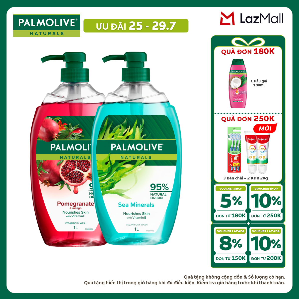 [Chỉ 25-29.7_X2 Voucher giảm đến 18%] Bộ 2 Sữa tắm Palmolive dạng gel chiết xuất Lựu  Xoài và Muối biển cho da mềm mịn, thơm sảng khoái 1L