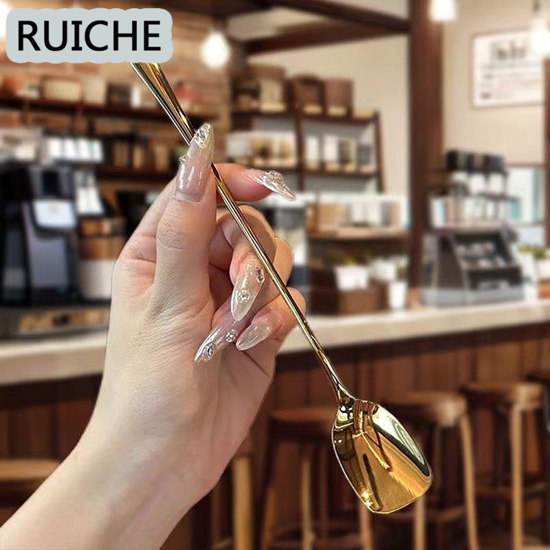 RUICHE Benvdsg> ช้อนสแตนเลสกลมสีแดงทองตาข่ายด้ามยาวอาหารค่ำคนช้อนขนมสำหรับอุปกรณ์ครัวยูทิลิตี้ที่ดี ราคา 25 บาท*ส่งฟรี