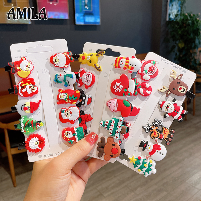 AMILA Christmas hairpin set, cute cartoon soft rubber snowman, bow