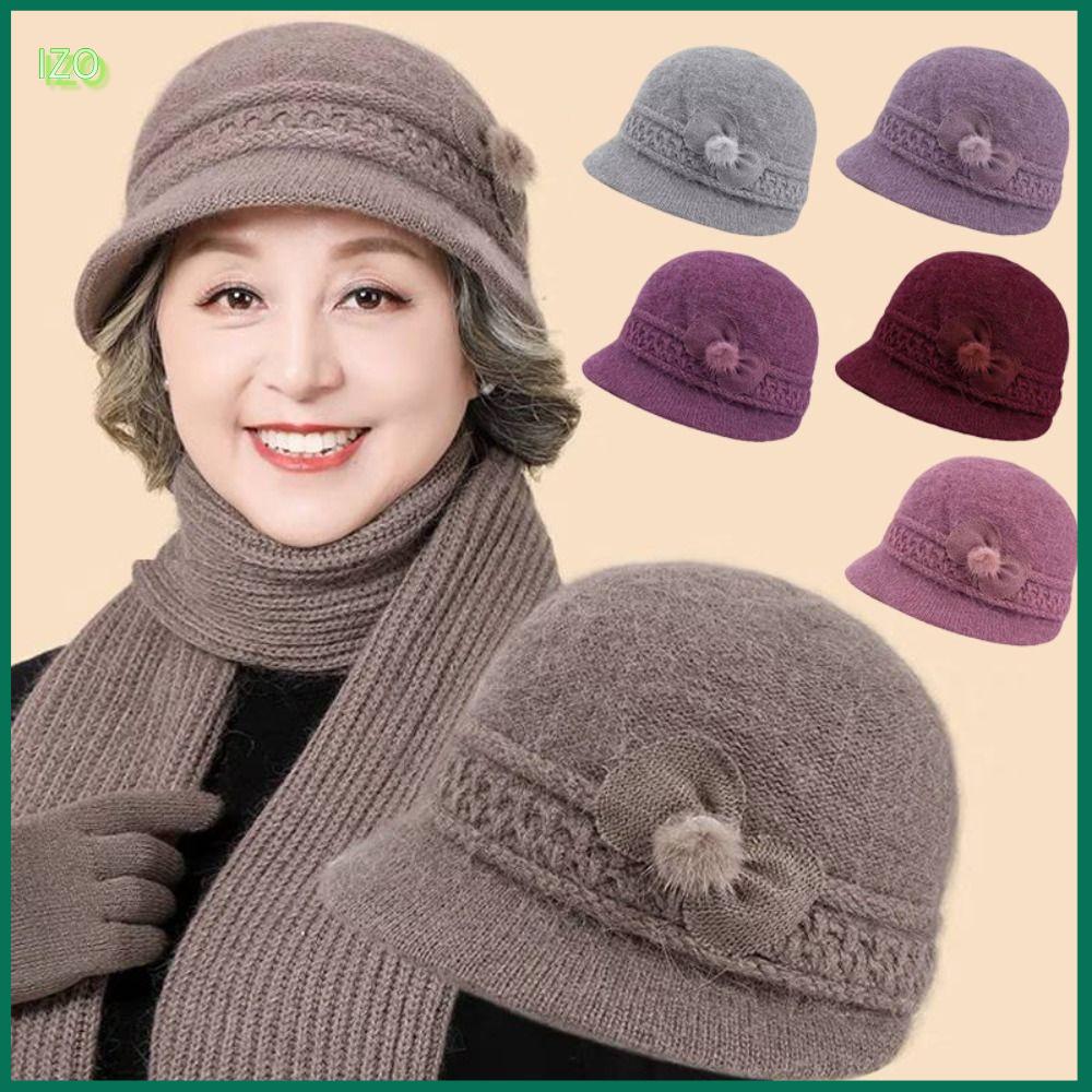 IZO Dày Mũ dệt nữ Cộng với nhung Thường ngày Mũ nồi cho người già Giữ ấm Chống gió Mũ len Beanie TRUNG NIÊN