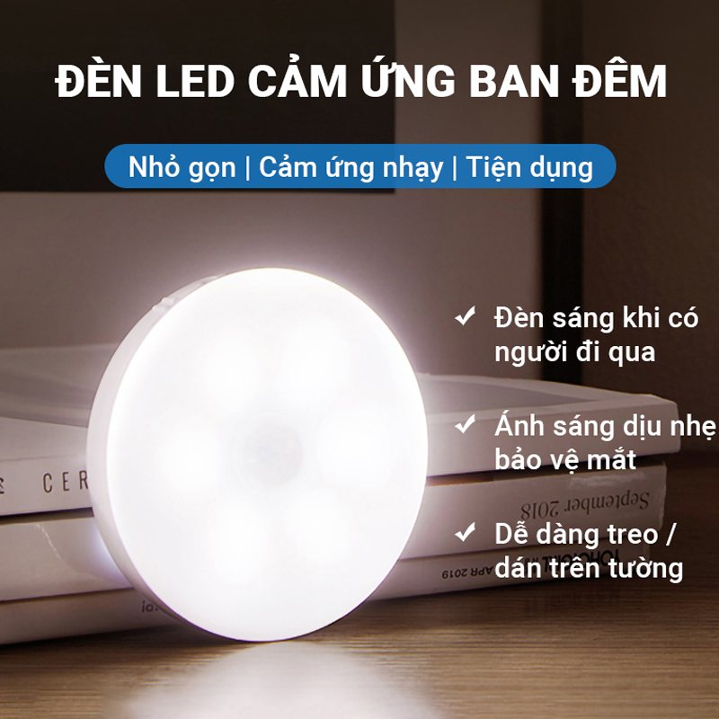 Đèn Cảm Ứng Tròn Tự Động Sáng Thông Minh Không Dây, 0.6W hao phí thấp tiết kiệm điện sau 20s tự động tắt ánh sáng dịu nhẹ thoải mái tiện dụng