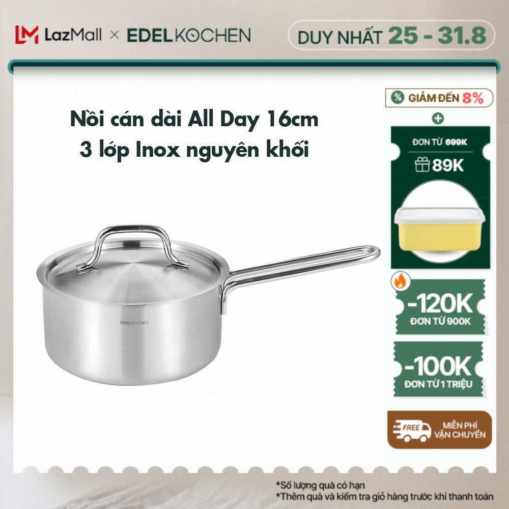 Nồi inox cán dài, quánh 3 lớp nguyên khối Edelkochen All Day Collection size 16cm