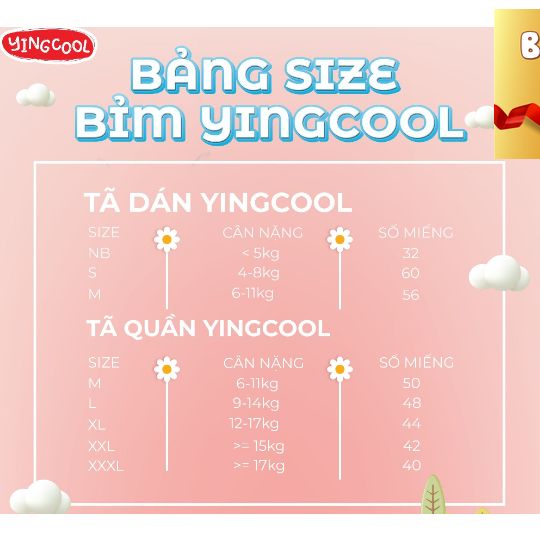 Bỉm YINGCOOL Size NB64/SD60/MD56/MQ50/L48/XL44/XXL42/XXXL40