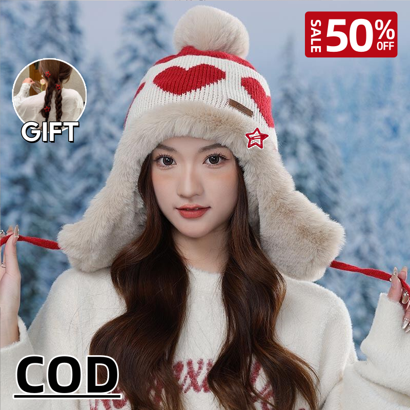 FXSAXUNN 【ซื้อ 1 แถม 1】หมวกผ้าขนสัตว์ถักหนาน่ารัก Pompoms ออกแบบหมวกฤดูหนาวรักพิมพ์หมวกป้องกันหูฤดูหนาวกลางแจ้ง ราคา 185 บาท*ส่งฟรี