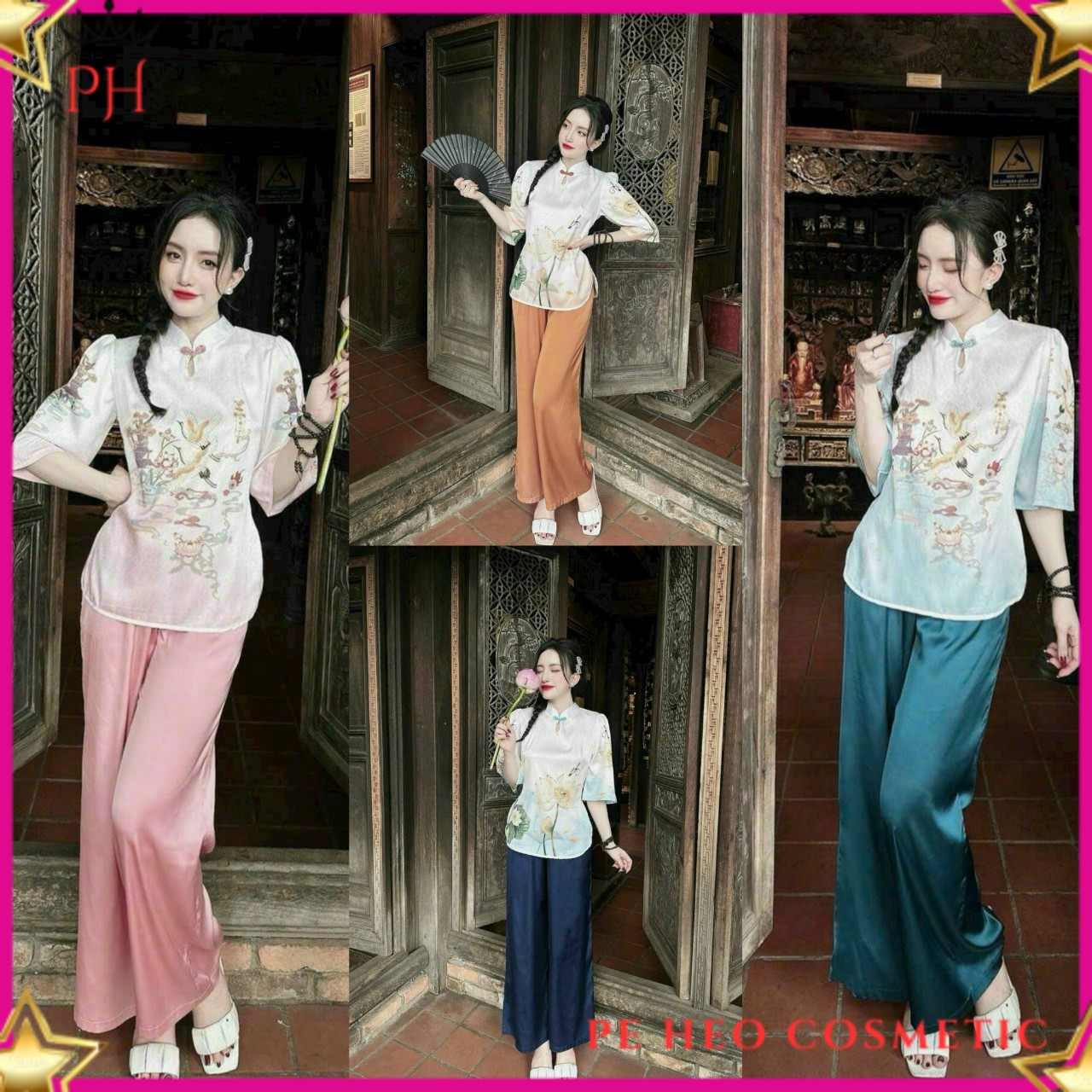 (PH) Set Đồ Bộ Lam Áo Kiểu Cổ Tàu In Hoa Văn Tay Lỡ Sẻ Tà Vạt Bầu Phối Quần dài Ống Rộng , Đi Chùa Nữ Tính , Dễ Thương , Đẹp Gái