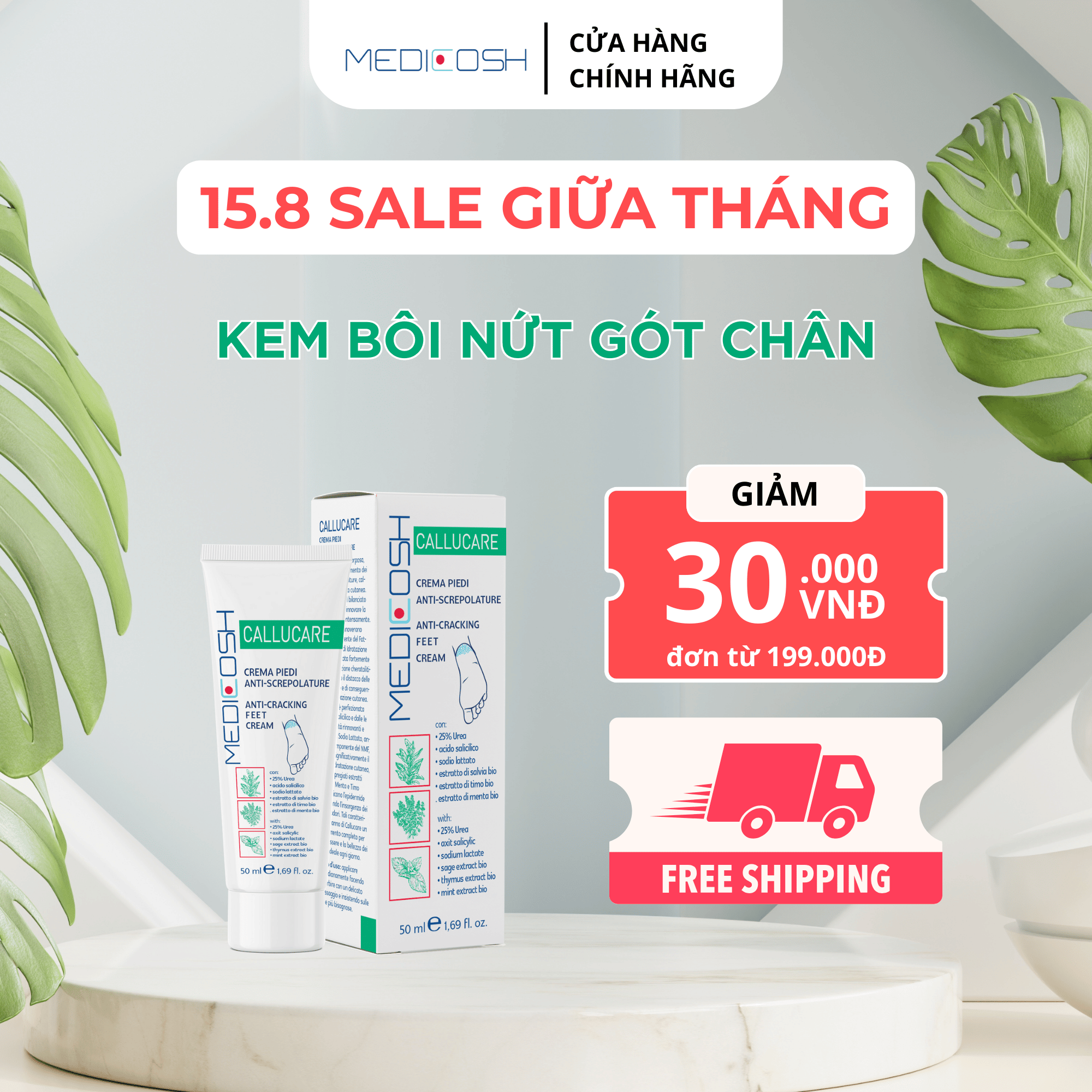 Kem hỗ trợ giảm nứt gót chân Medicosh Callucare 50ml giúp giảm nứt nẻ, ngừa chai sừng, thô ráp gót chân