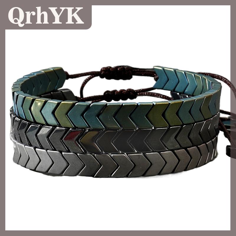 QrhYK Full Handmade Natural Hematite Bracelet Minimalist Men Women Braided Braclet Adjustable Yoga Arrows Braslet Fashion Jewelry Gift
