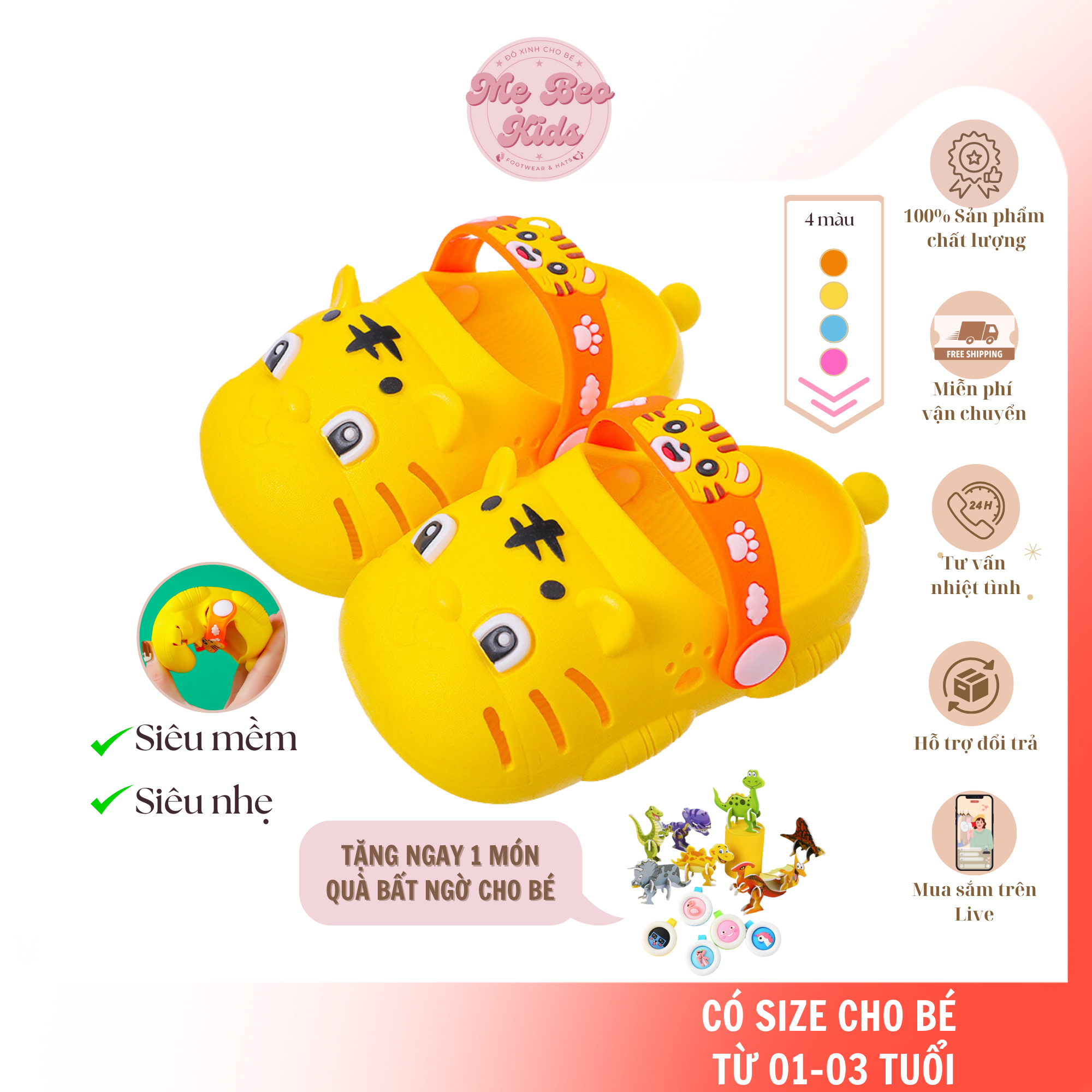 Dép bé gái, dép bé trai, sục tiger hổ con dễ thương, nhựa pvc chống trơn trượt, an toàn cho bé ms01