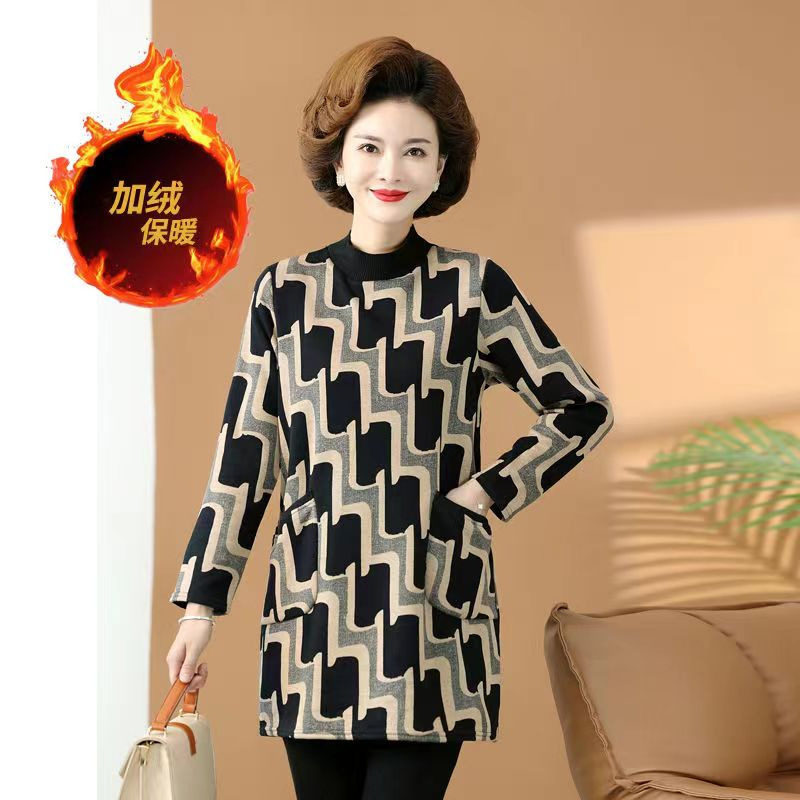 MT mới nửa cổ cao váy mẹ trung niên và cao tuổi thời trang cộng với nhung dày ấm Đầm dài nữ