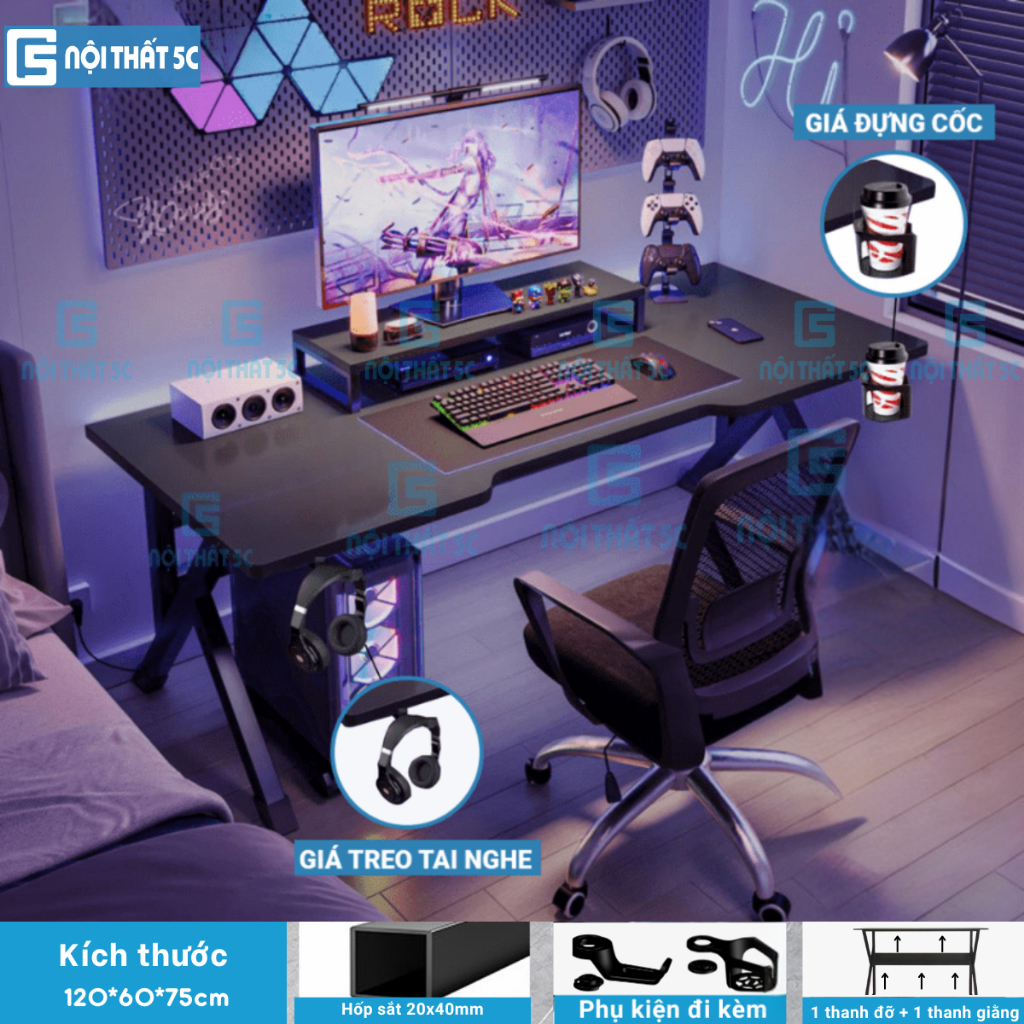 Bàn làm việc, bàn gaming 5C-Gaming Speed đa dạng mẫu mã, kích thước lớn 1m4,1m2 để máy tính, PC,chân sắt gỗ MDF dày 15mm
