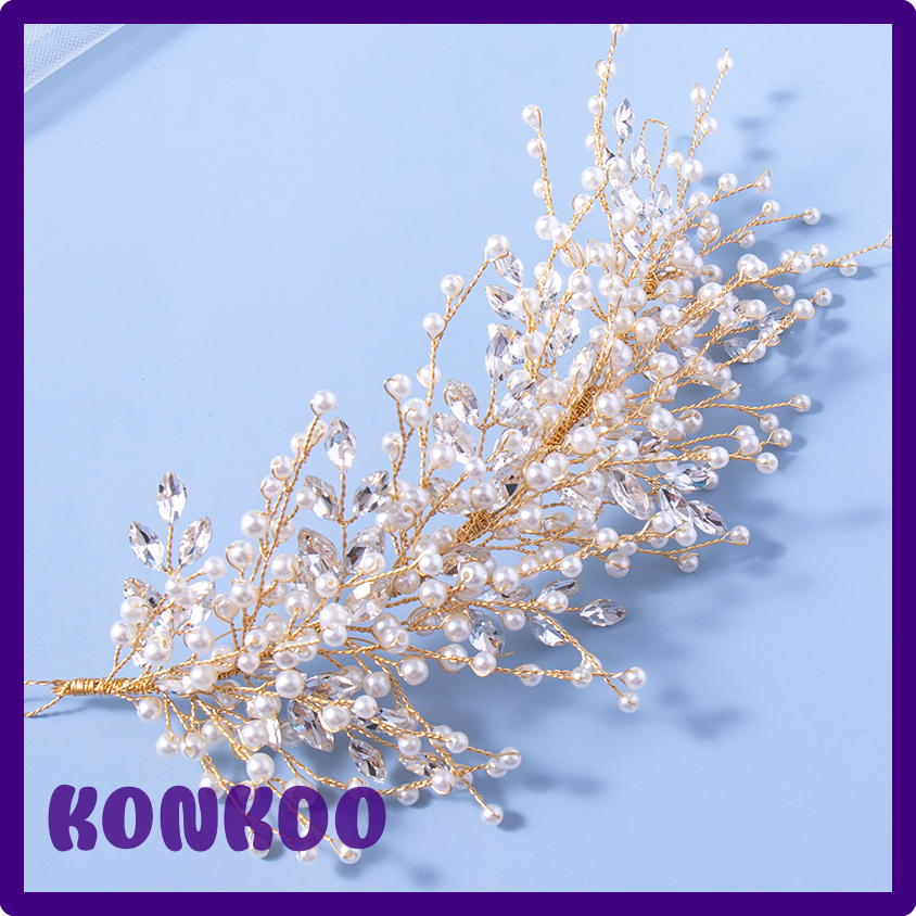 [KONKDO] Bridal Luxury Full Pearls Crystal Glod Color Headbands For Bride Women Tiaras Hair Vines Bands Handmade Wedding Hair Accessories ราคา  4,190 บาท*ส่งฟรี