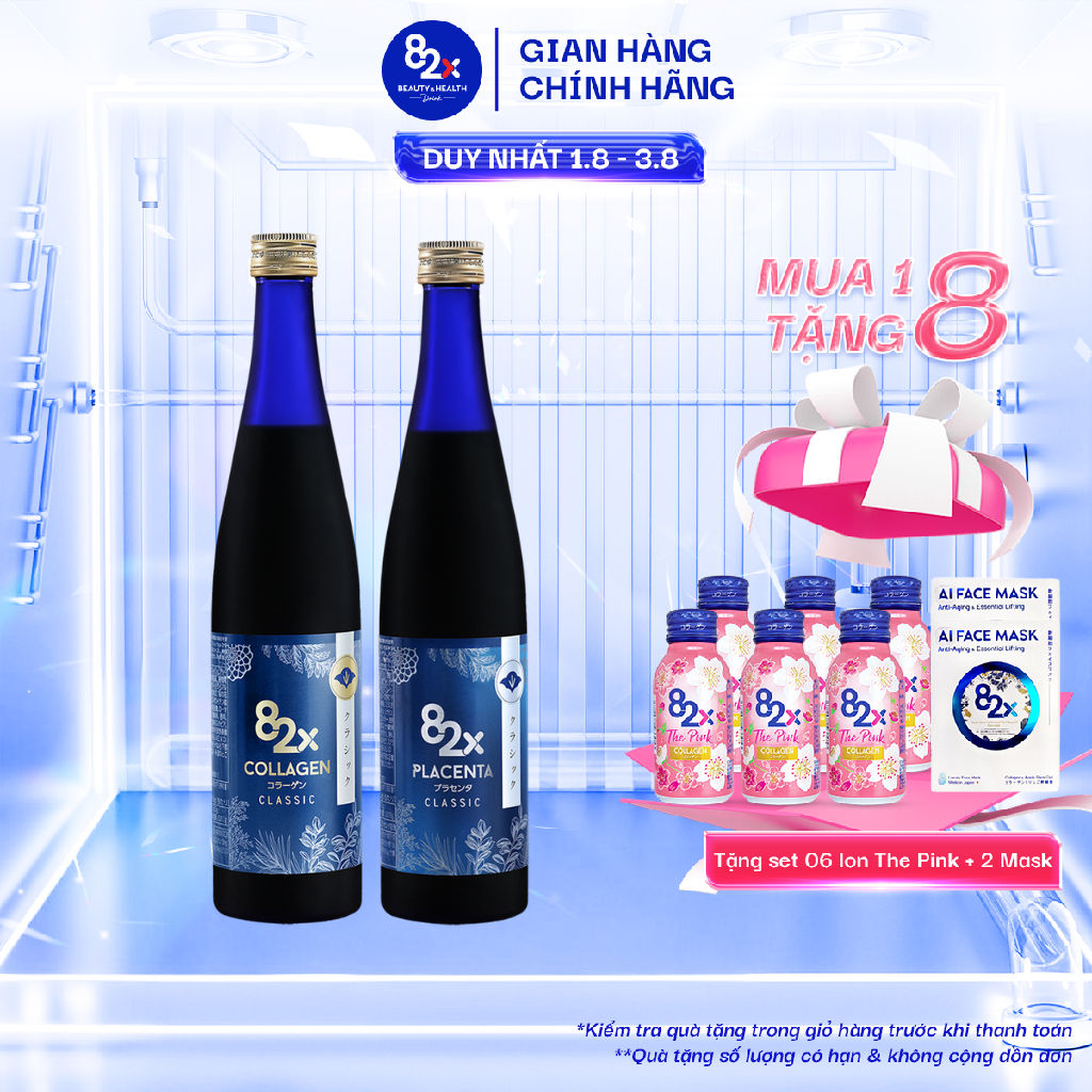 Bộ đôi 82X Khơi nguồn vẻ đẹp Trắng Mịn Da Tuyết- Thanh khiết Hoa Lê  gồm Placenta Classic + Collagen Classic chai (500ml/chai)
